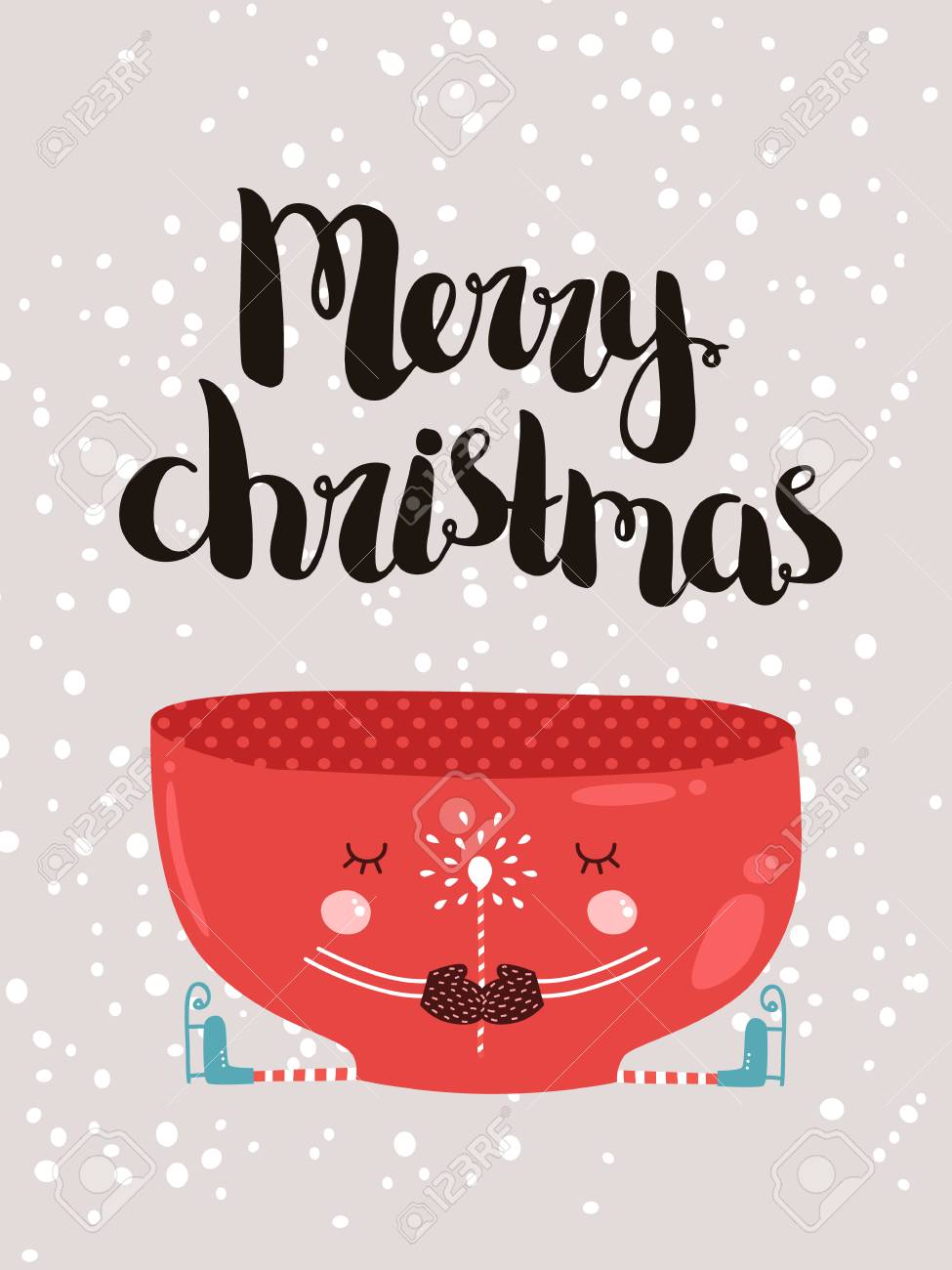 merry christmas card with hand drawn lettering and cute mug