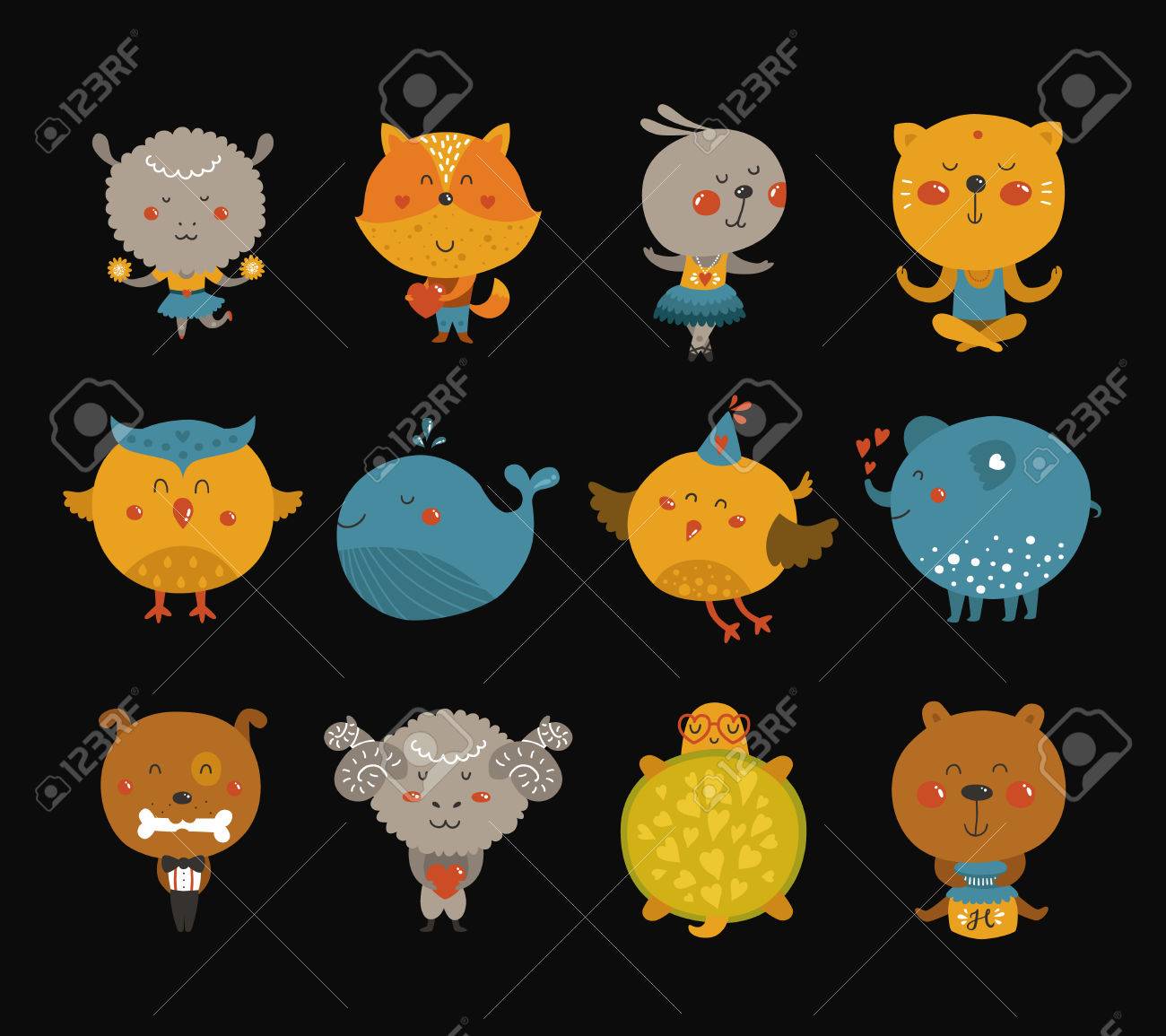 Reihe Von Comic Tiere Susse Baby Tier In Der Liebe Vector Fuchs Kaninchen Katze Merinos Vogel Elefant Eule Und Schafe Auf Schwarzem Hintergrund Lizenzfrei Nutzbare Vektorgrafiken Clip Arts Illustrationen Image