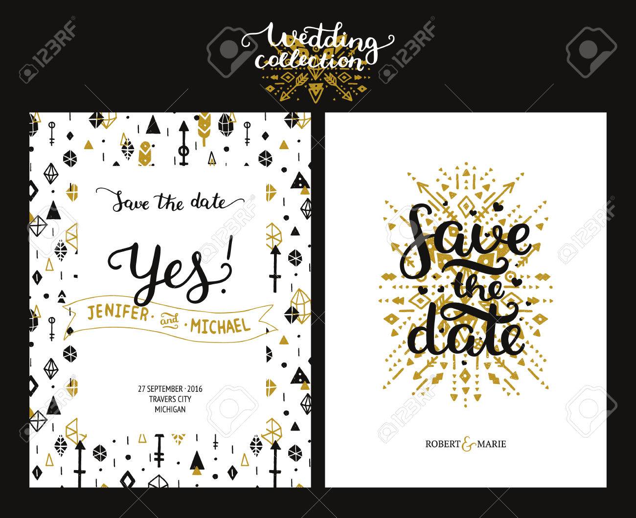 Save The Date Cartes Invitation Boho De Mariage Avec La Main Tiree Du Texte Des Plumes Des Fleches Et Des Elements Hipster Or Et Invitations Noires Vecteur Save The Date Modeles Economies
