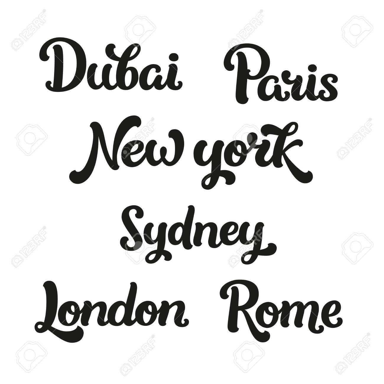 Vektor Schrift Fur Design Karten Drucke Banner Travel Zeichen Auf Weissem Hintergrund Dubai Paris New York Sydney London Und Rom Lizenzfrei Nutzbare Vektorgrafiken Clip Arts Illustrationen Image