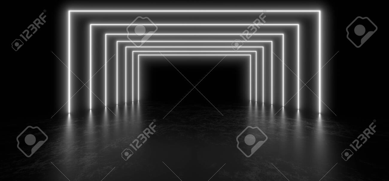 Neon white sign on a black background with a black mirror floor by