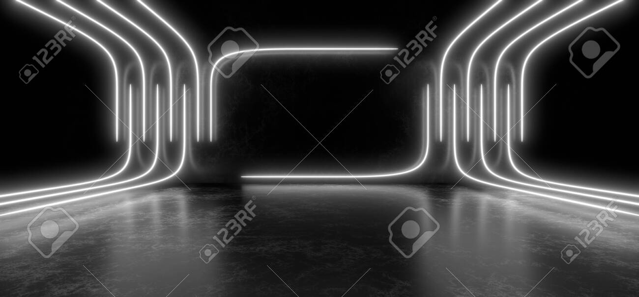 Neon white sign on a black background with a black mirror floor by