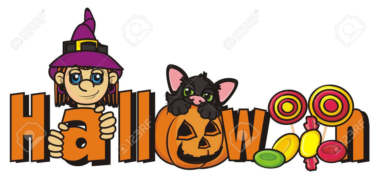 word halloween with witch black cat and many candy stock photo word halloween
