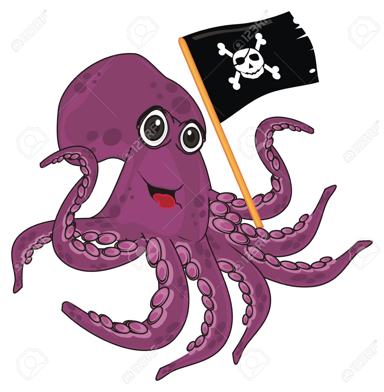 Smiling Purple Octopus With Pirat S Flag Stock Photo Picture And Royalty Free Image Image 108592511