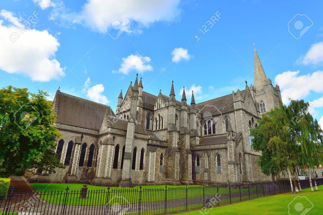 10x6.5ft Polyester Photography Backdrop St Patricks Cathedral Dublin Ireland Places of Worship Green Grassland Sunshine Blue Sky White Cloud Outdoor Photo Background Children Adults Portraits