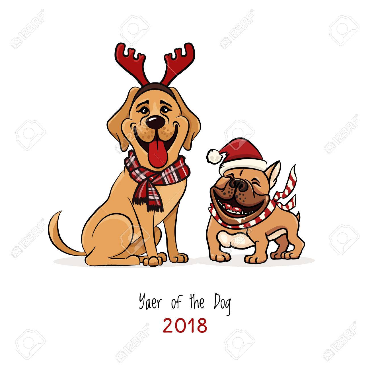 陽気なイラスト ラブラドール ブルドッグ犬の 18 年新年 Clouth 面白い 笑いを身に着けています のイラスト素材 ベクタ Image 陽気なイラスト ラブラドール ブルドッグ犬の 18 年新年 Clouth 面白い 笑いを身に着けています のイラスト素材 ベクタ Image