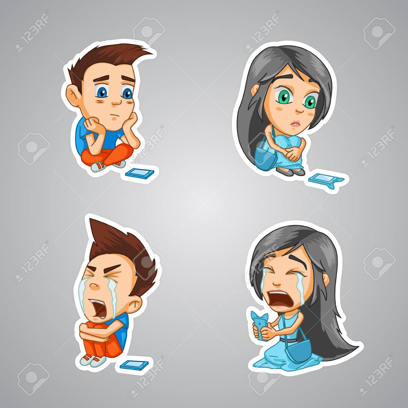 女の子と男の子が電話を待っていて 電話の悪い反応でひどく泣いている のイラスト素材 ベクタ Image