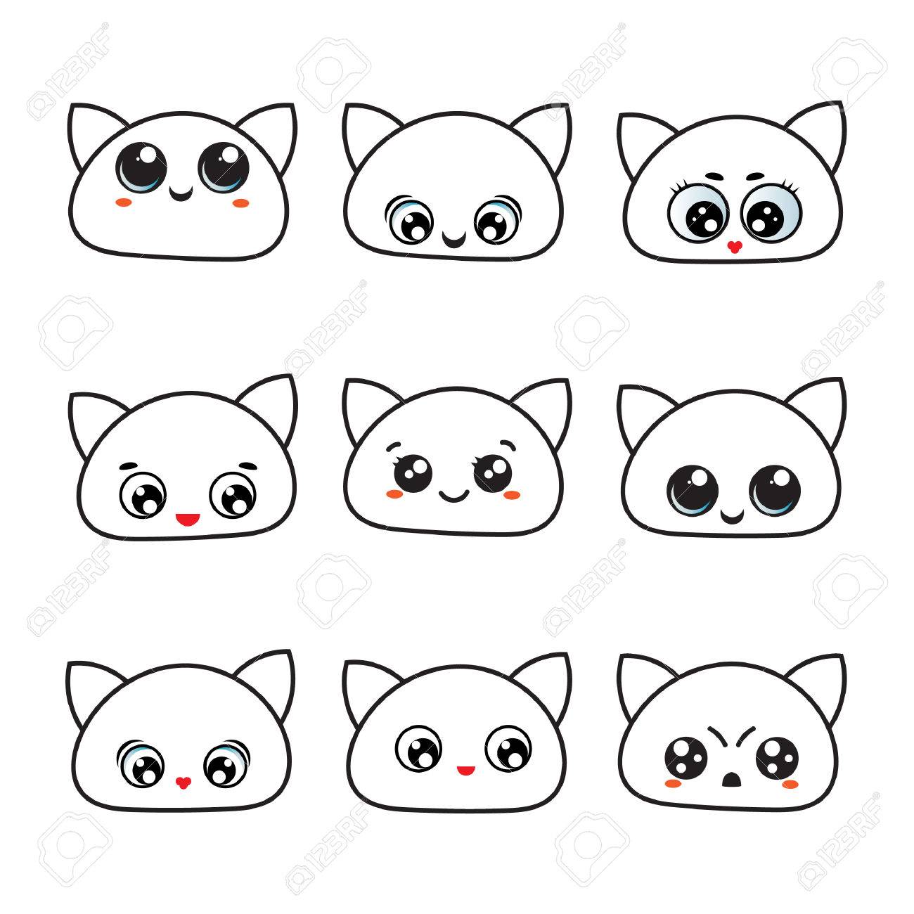 かわいい目 アイコンを設定 感情をかわいい猫顔 シンプルなスタイルの別の表現でかわいい猫顔文字のセットです のイラスト素材 ベクタ Image