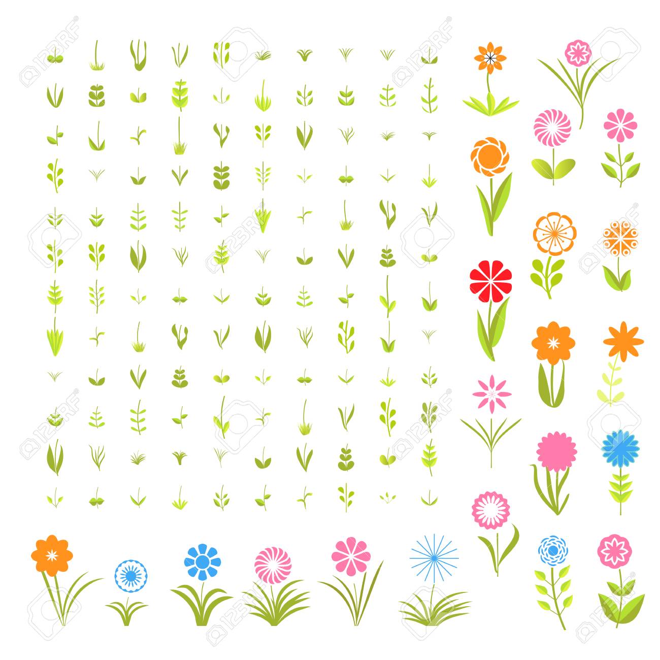 花のデザイナー シンプルな要素のセット 白い背景に葉や花の枝のシンプルな要素の大規模なセット 夏や春の花 花のデザイン要素をスタイル設定しました ベクトル図のイラスト素材 ベクタ Image