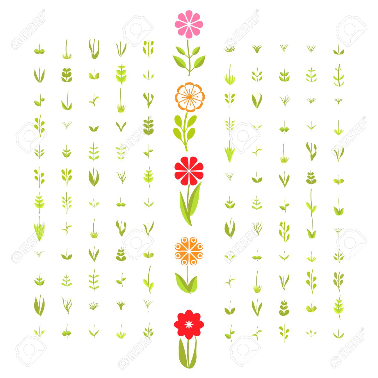 花のデザイナー シンプルな要素のセット 白い背景に葉や花の枝のシンプルな要素の大規模なセット 夏や春の花 花のデザイン要素をスタイル設定しました ベクターの図 のイラスト素材 ベクタ Image