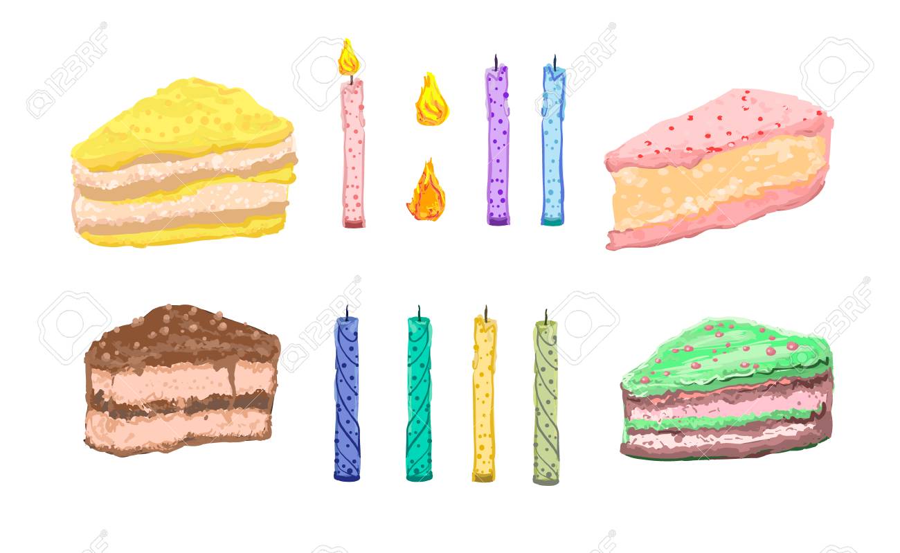 Eine Sammlung Von Bunten Und Leckeren Kuchenstucken Mit Kerzen Um Wunsche Zu Erfullen Und Einem Funken Um Sie Anzuzunden Vektorsatz Helle Attraktive Bilder Lizenzfrei Nutzbare Vektorgrafiken Clip Arts Illustrationen Image
