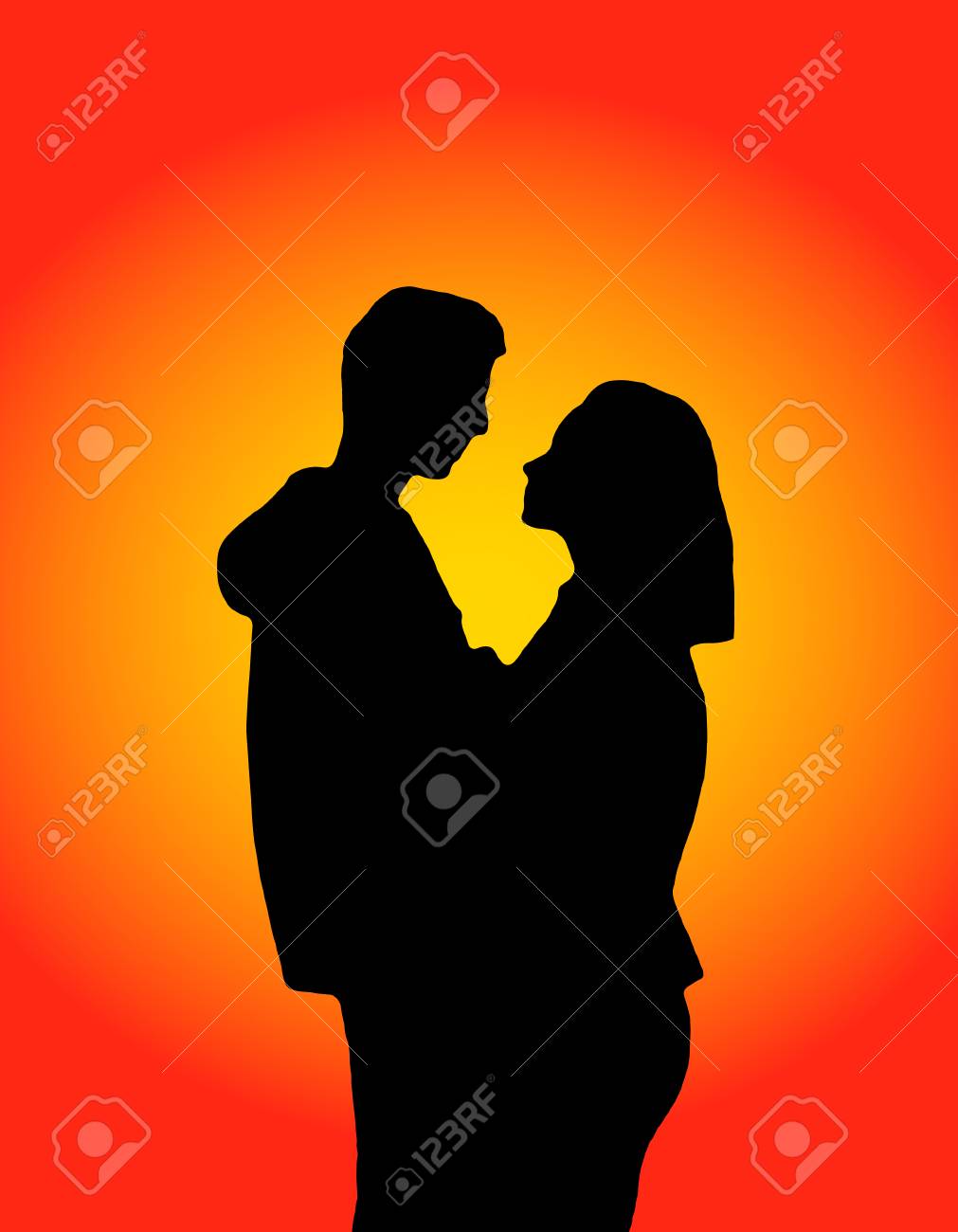 Silhouette A Happy Couple Holding Each Other, Hug, Look. St ...