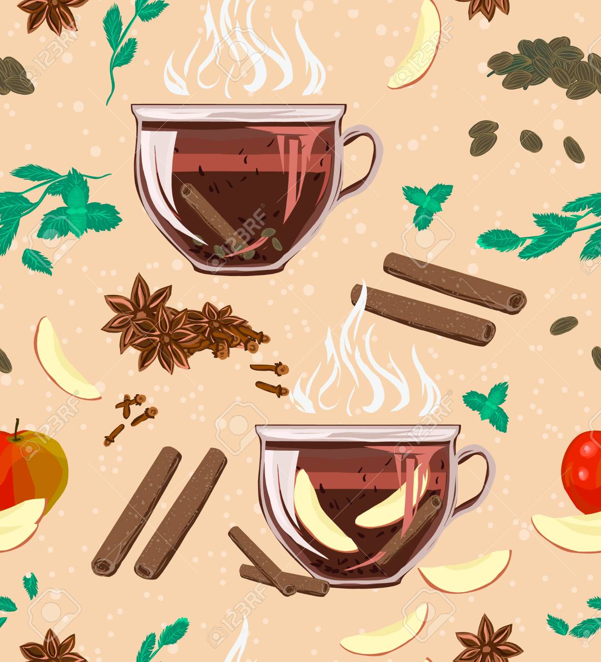 A seamless cozy pattern with large-leaf black tea, mint, cinnamon, cloves, cardamom and apple. Vector illustration for cover, wrapper promotional product, menu or recipe. Aroma, the taste of this useful tea! - 101157579 A seamless cozy pattern with large-leaf black tea, mint, cinnamon, cloves, cardamom and apple. Vector illustration for cover, wrapper promotional product, menu or recipe. Aroma, the taste of this useful tea! - 101157579