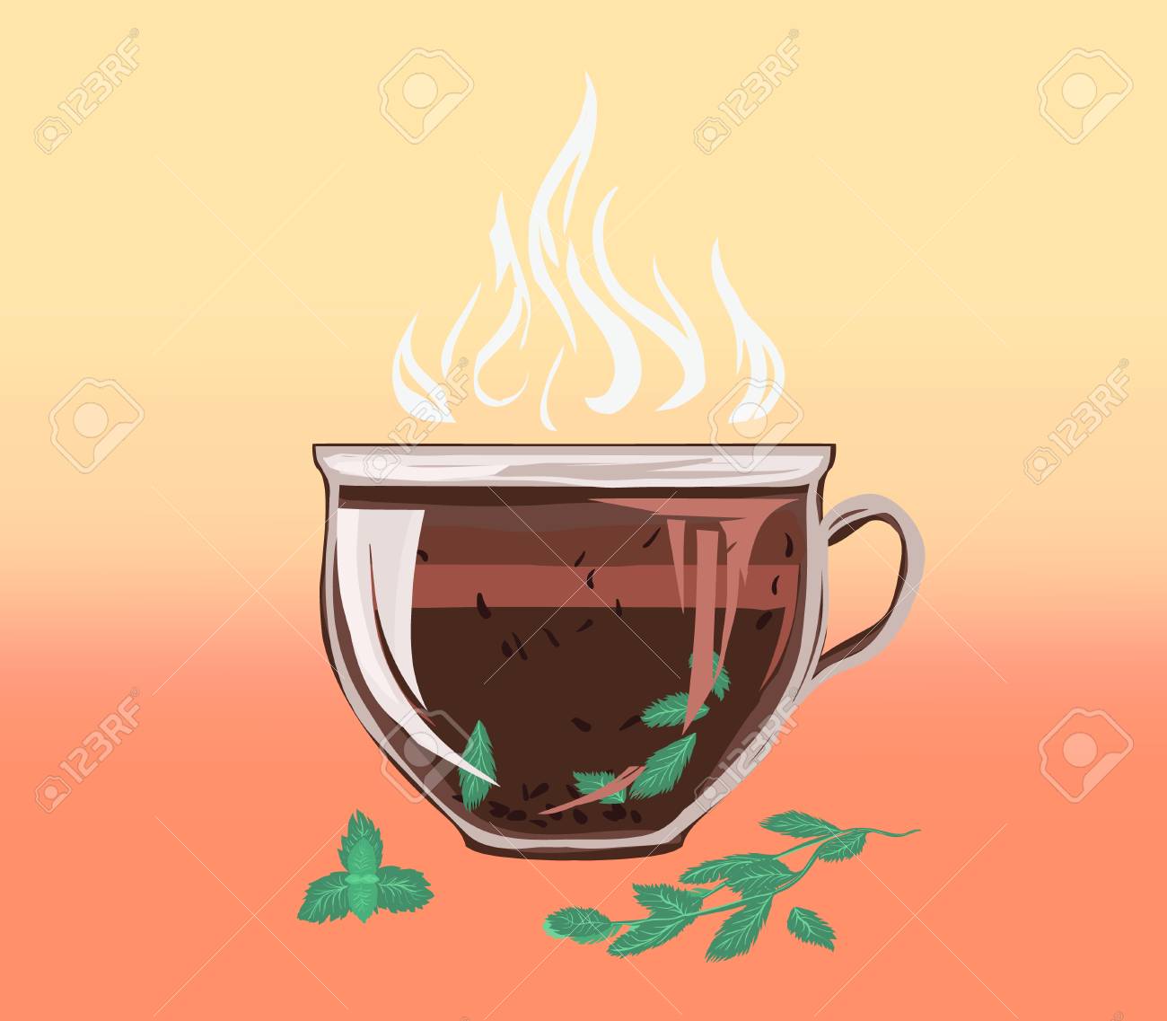 Black leafy herbal tea in cup of cinnamon and mint. Fragrant tasty morning drink with beneficial properties for cleansing detoxifying body, for peace of mind. Vector flat cozy illustration. - 101157580 Black leafy herbal tea in cup of cinnamon and mint. Fragrant tasty morning drink with beneficial properties for cleansing detoxifying body, for peace of mind. Vector flat cozy illustration. - 101157580