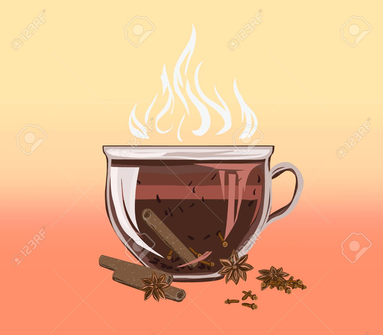 Black leafy herbal tea in a cup with cinnamon and cloves. Fragrant tasty morning drink with beneficial properties for cleansing detoxifying body, for relax. Vector flat cozy illustration recipes and advertising. - 100875596 Black leafy herbal tea in a cup with cinnamon and cloves. Fragrant tasty morning drink with beneficial properties for cleansing detoxifying body, for relax. Vector flat cozy illustration recipes and advertising. - 100875596