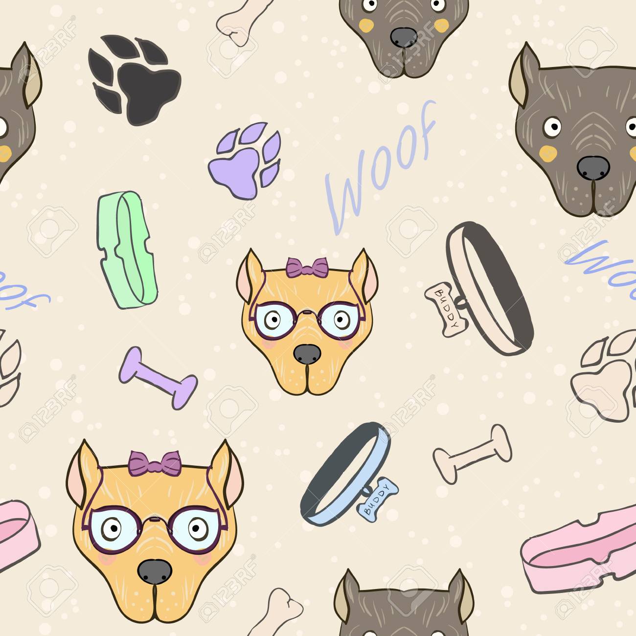 Vector abstract Seamless pattern with Bone, collar, bowl forage, bulldog dog boy and girl. Cute art for background and wallpaper, print on postcards, cloth, school supplies or cover notebook. - 101294718 Vector abstract Seamless pattern with Bone, collar, bowl forage, bulldog dog boy and girl. Cute art for background and wallpaper, print on postcards, cloth, school supplies or cover notebook. - 101294718