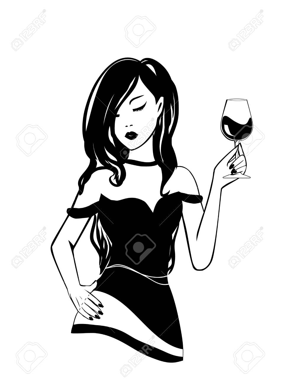 Isolated logo Silhouette of black and white stylish young girl with glass of alcoholic booze in National wine day. Party poster, illustration of fun fashion lifestyle woman with long curly hair - 101294827 Isolated logo Silhouette of black and white stylish young girl with glass of alcoholic booze in National wine day. Party poster, illustration of fun fashion lifestyle woman with long curly hair - 101294827