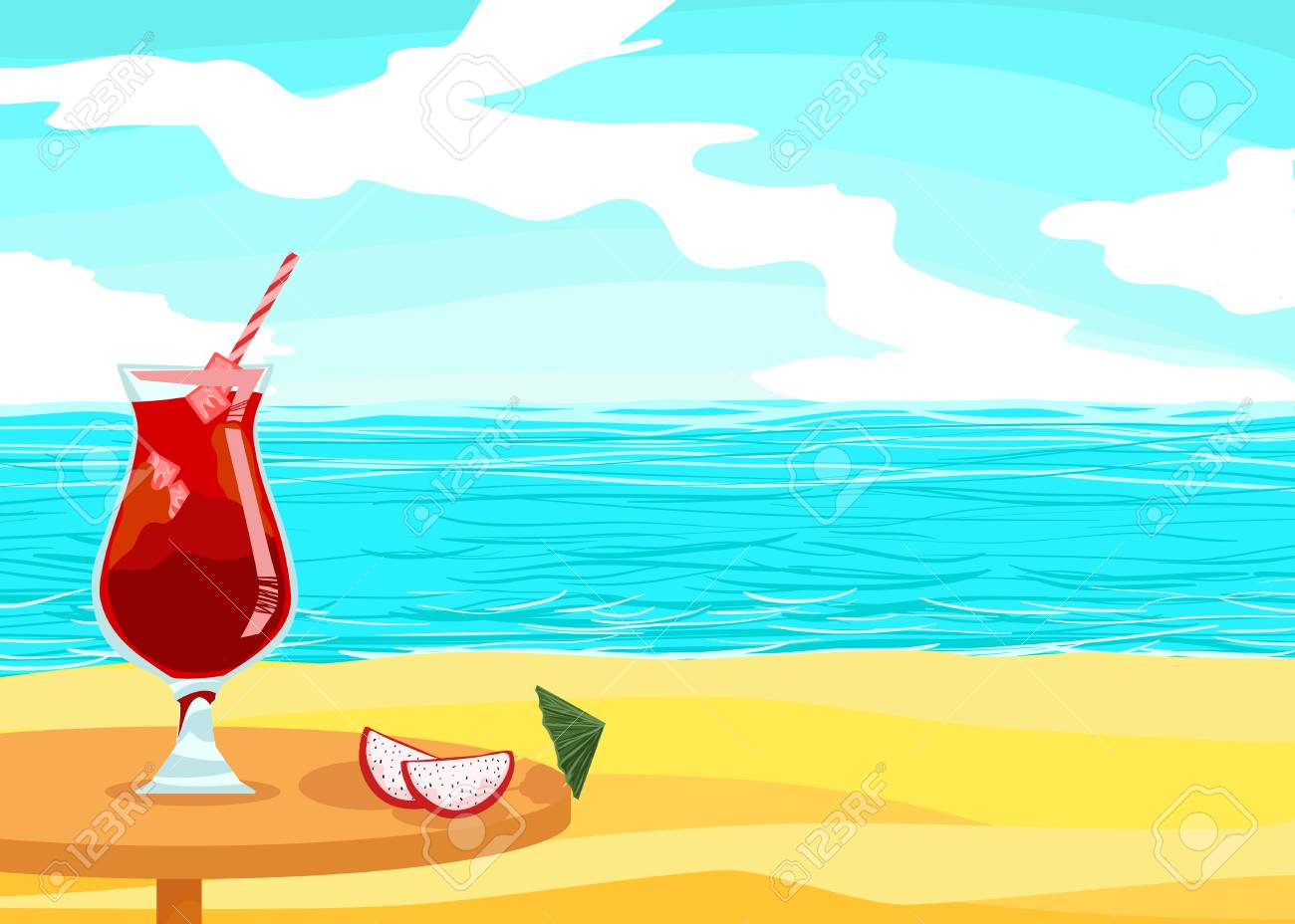 Alcoholic cocktail drink on a table in a restaurant near the ocean. Tropical rest for tourists - poster. Banner for cocktail party on the beach. Bright sunny day in summer - holiday season - 105018620 Alcoholic cocktail drink on a table in a restaurant near the ocean. Tropical rest for tourists - poster. Banner for cocktail party on the beach. Bright sunny day in summer - holiday season - 105018620