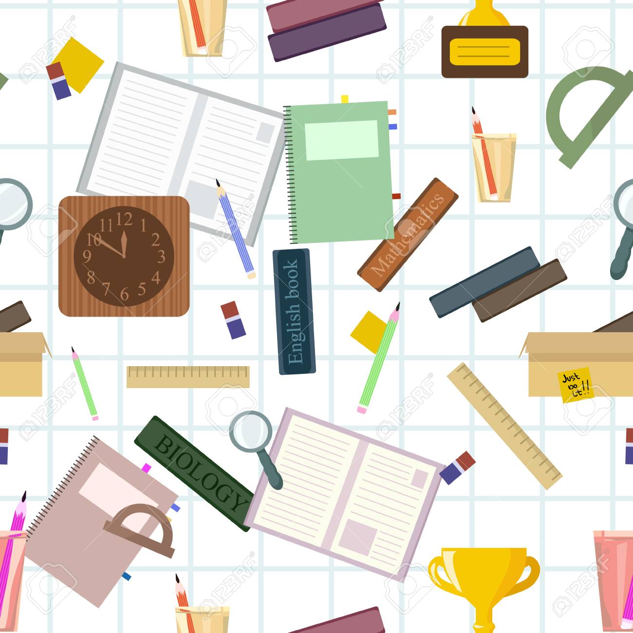 Seamless pattern with school stationery. Vector wallpapers for print on cover notebooks, children's clothes. Student preparation of subjects for return to the university, back to school. - 105018633 Seamless pattern with school stationery. Vector wallpapers for print on cover notebooks, children's clothes. Student preparation of subjects for return to the university, back to school. - 105018633