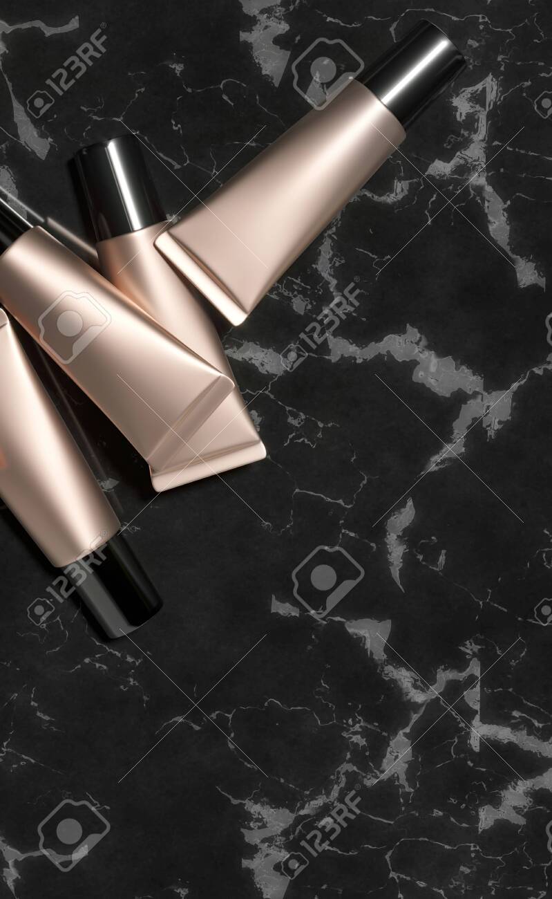 Tubes - 3d render illustration. Blank face cream - Gold tube, black cap. Cosmetics lie on black marble. Dark advertising mockup with copy space. Set of trendy realistic skin or hair care cream. - 131785895 Tubes - 3d render illustration. Blank face cream - Gold tube, black cap. Cosmetics lie on black marble. Dark advertising mockup with copy space. Set of trendy realistic skin or hair care cream. - 131785895