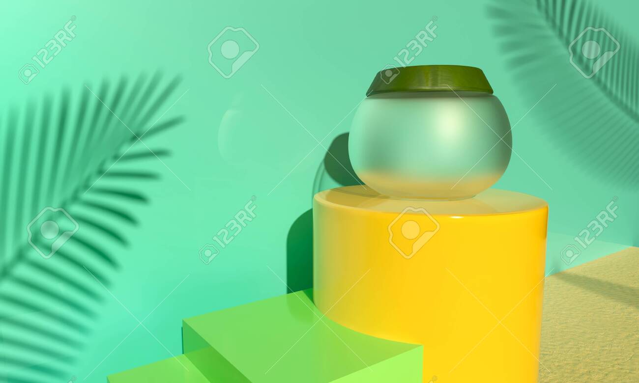Jar Face cream on yellow podium. Palm green leaves - natural product. Cosmetic for face skin care. 3d render illustration. Mockup Product packaging branding. Revitalizing serum, gel on beach sand. - 131785836 Jar Face cream on yellow podium. Palm green leaves - natural product. Cosmetic for face skin care. 3d render illustration. Mockup Product packaging branding. Revitalizing serum, gel on beach sand. - 131785836