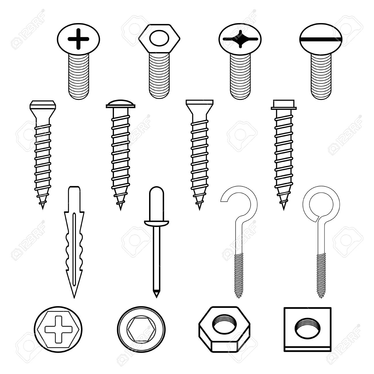 Tornillos De Ganchos De Pared De Sujetadores Y Conjunto De Iconos De Colección De Tapones De Pared Ilustraciones Vectoriales, Clip Art Vectorizado Libre De Derechos. Image 89468343.