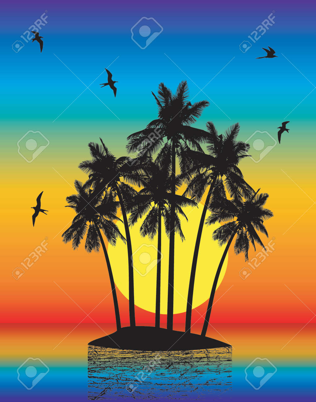 グラデーションを使用する夕日と熱帯の島のベクトル イラストのイラスト素材 ベクタ Image