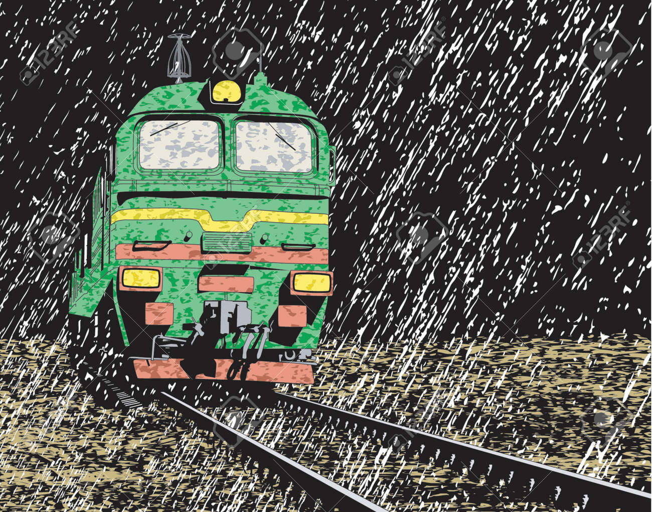 夜に雨の中でロシアの列車のベクトル イラストのイラスト素材 ベクタ Image