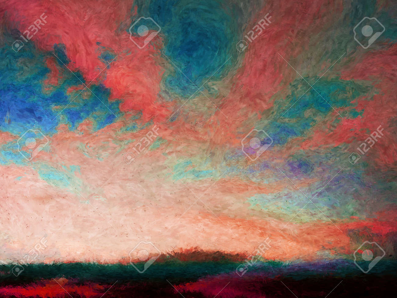 夕日や日の出のカラフルな印象派の絵画 の写真素材 画像素材 Image