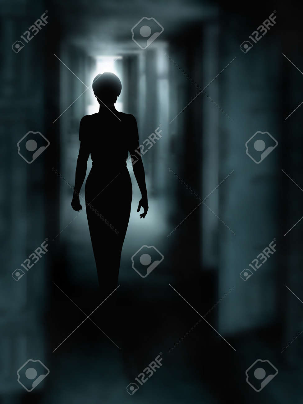 Editable vector illustration of a woman's silhouette walking down a dark passage made using a gradient mesh - 17015742 Editable vector illustration of a woman's silhouette walking down a dark passage made using a gradient mesh - 17015742