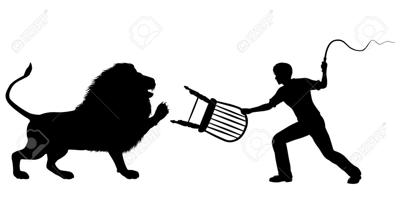 Silhouette Of A Lion Taming Man With Whip And Chair - 