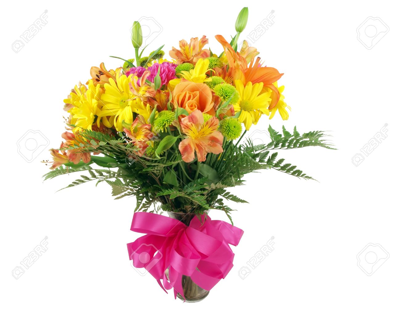 Un Bouquet De Fleurs Coloré Dans Un Vase En Verre Clair Sur Un Fond Blanc