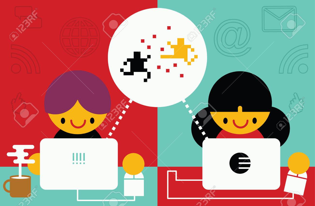 Boy Plays An Online Video Game With A Girl With Thanks To The Computers Their Internet Network Royalty Free Cliparts Vectors And Stock Illustration Image