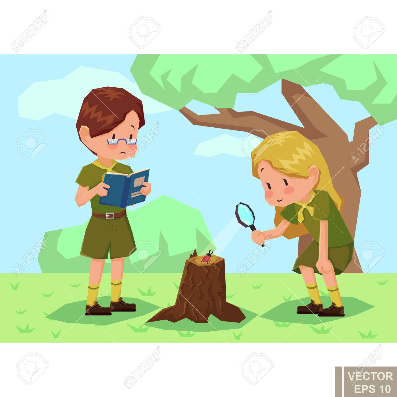 Scouts D Enfants Dans La Foret Girlscout Boyscout Vector Illustration De Dessin Anime Plat Eps10 Clip Art Libres De Droits Vecteurs Et Illustration Image