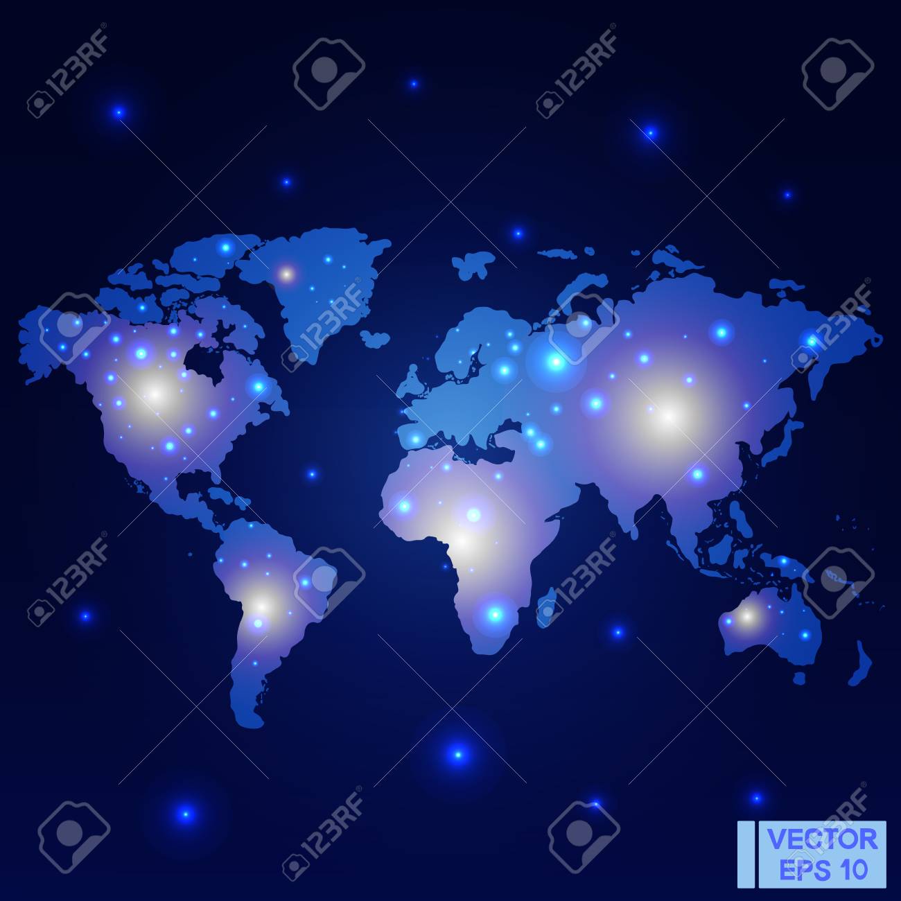 ベクター画像 世界地図 夜のライト マップ 濃い青の背景に光るマークのイラスト素材 ベクタ Image