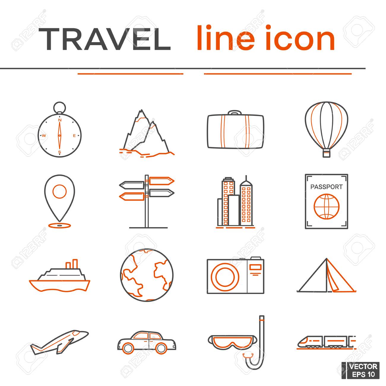 ベクターイメージ アイコンのセット 旅行 黒と赤の線のアイコンのイラスト素材 ベクタ Image