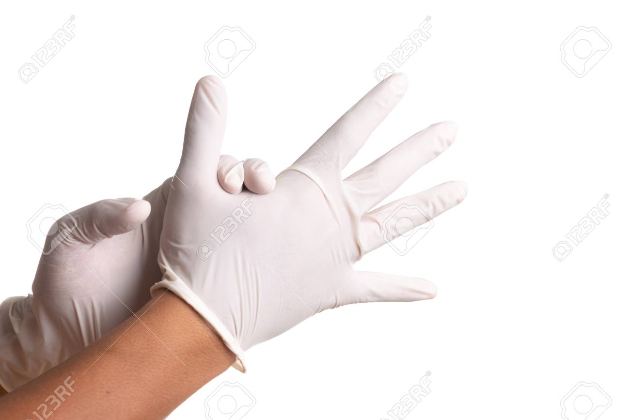 Doctor hand in white latex sterile gloves isolated on white background - 112175464 Doctor hand in white latex sterile gloves isolated on white background - 112175464