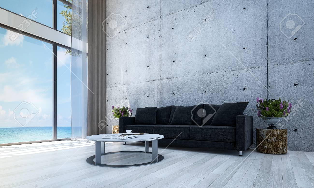 モダンなリビング ルームのインテリア デザインとコンクリートの壁と海を表示します の写真素材 画像素材 Image 7134