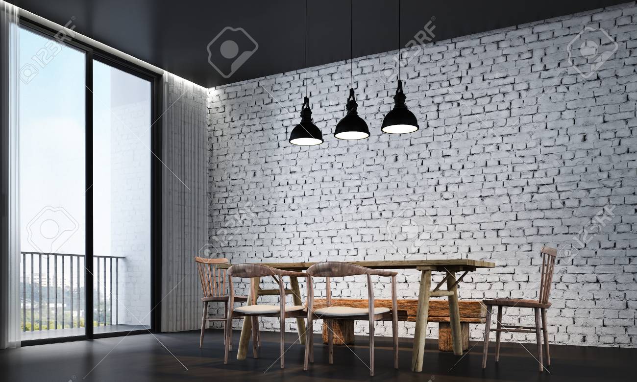 El Diseño Interior Del Comedor Y La Pared De Ladrillo Blanco Fotos ... El Diseño Interior Del Comedor Y La Pared De Ladrillo Blanco Fotos ...