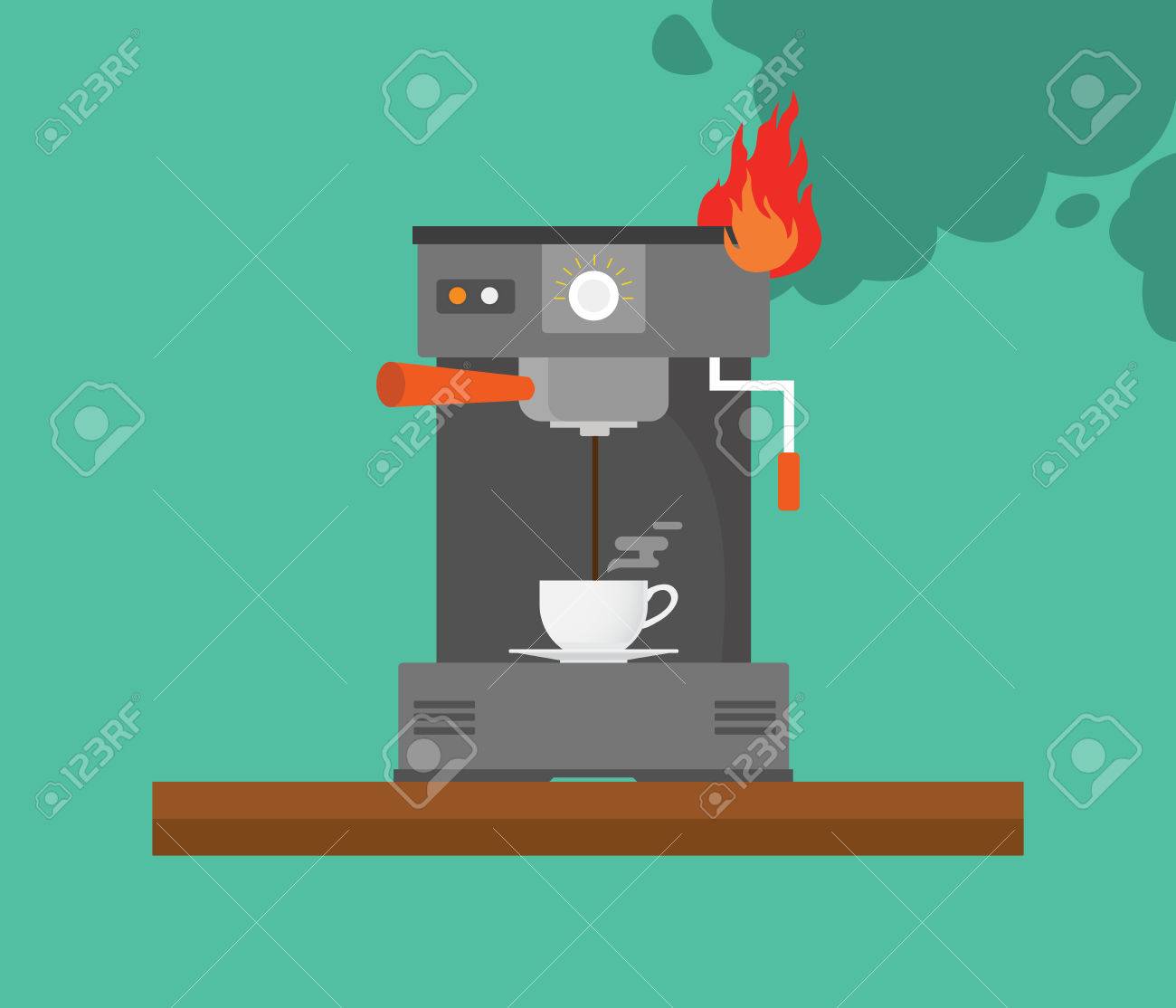 Broken Coffee Machine With Smoke And Fire Vector Stock Broken Coffee Machine With Smoke And Fire Vector Stock