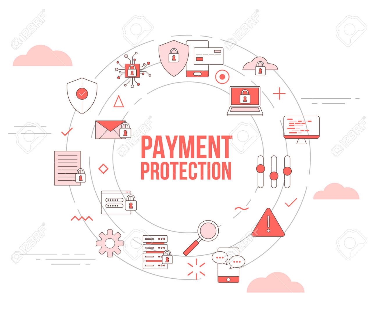 payment protection concept with icon set template banner with modern orange color style and circle round shape vector illustration - 166348529 payment protection concept with icon set template banner with modern orange color style and circle round shape vector illustration - 166348529