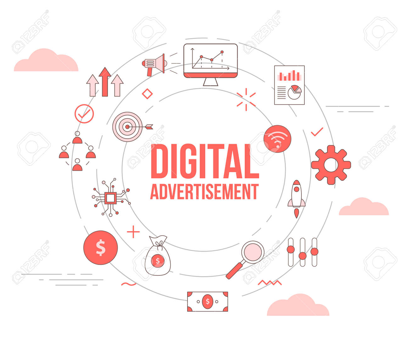 digital advertisement concept with icon set template banner with modern orange color style and circle round shape vector illustration - 166349782 digital advertisement concept with icon set template banner with modern orange color style and circle round shape vector illustration - 166349782