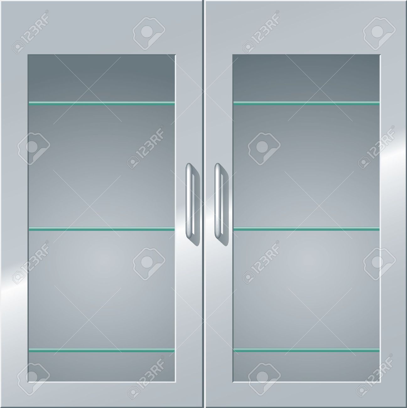 Front View Of A Metal Cabinet With Glass Doors And Shelves