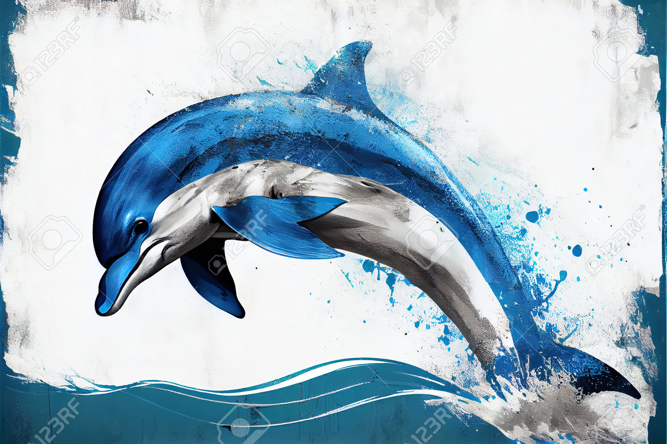 イルカが水から飛び出し、体に絵の具がはねかけられている絵。.の写真