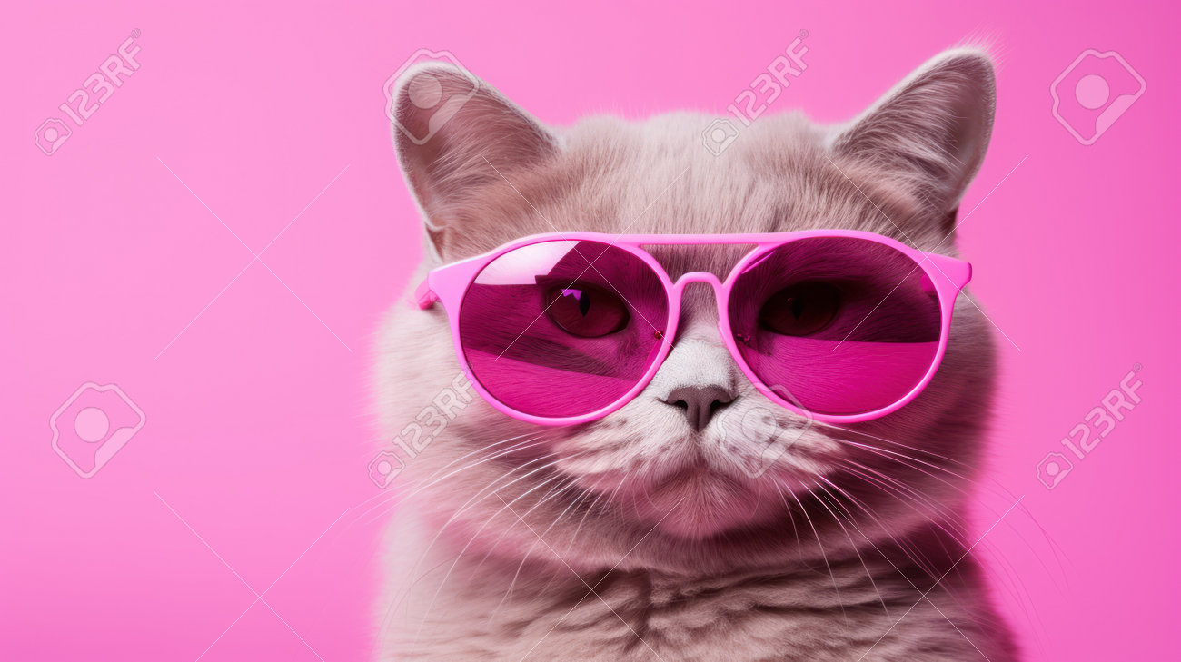 Cute Cat With Pink Sunglasses On Pink Background, Close-upの写真