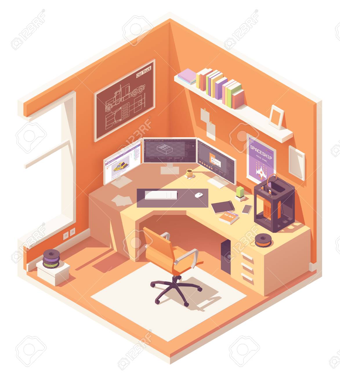 3d Artist Or CG Artist Home Office Or Studio Workspace. Vector Isometric  Room Cross-section With Desk, 3d Printer, Desktop Pc With Multiple  Monitors, Office Chair, 3d Printer Filament Spools Royalty Free SVG,, image size:1172x1300