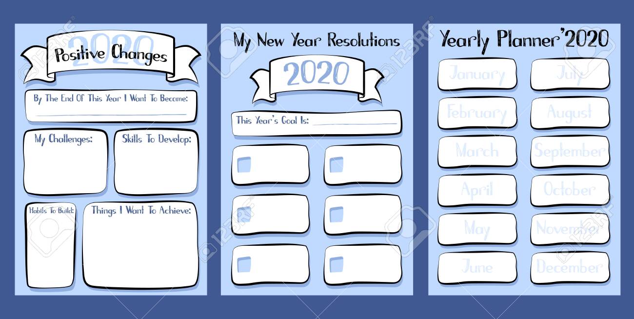 141385512 2020 yearly planner set of three printable sheet goal planning vector illustration for organizer 2020 yearly planner set of three printable sheet. goal planning