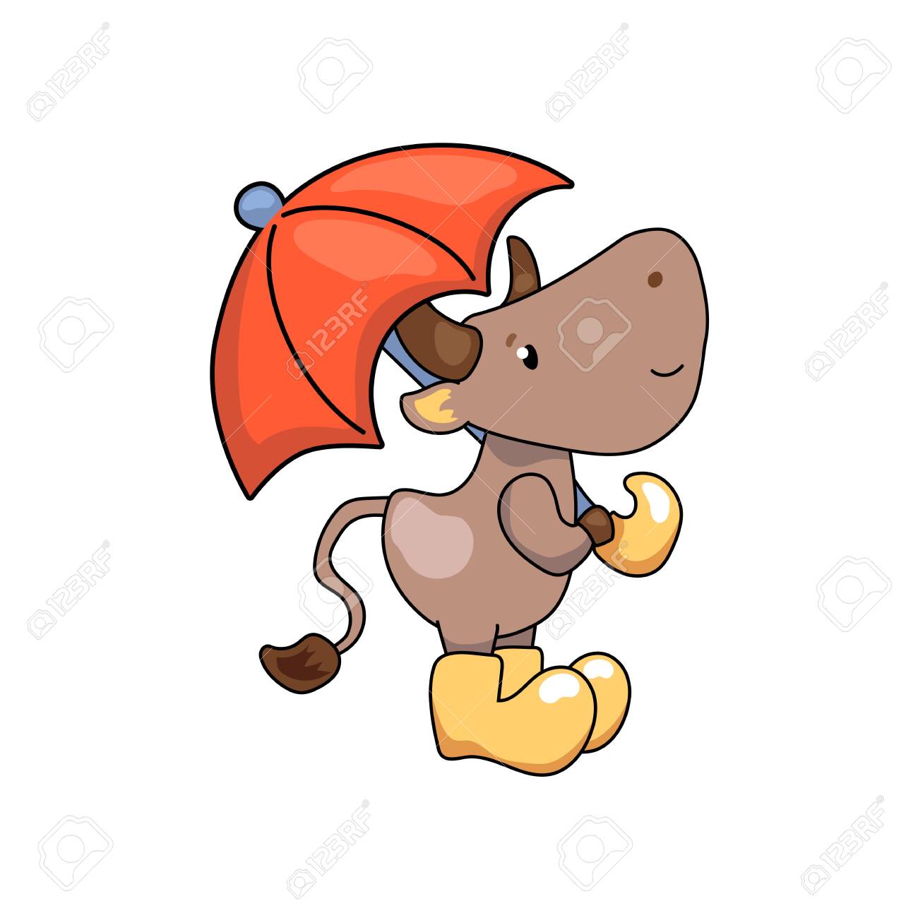 Cute Ox Cartoon Character With Umbrella Cow Vector Illustration On White Background Friendly Bull Mascot 2021 Year Lunar Zodiac Animal Chinese New Year Of Ox Friendly Domestic Or Farm Animal Icon Royalty
