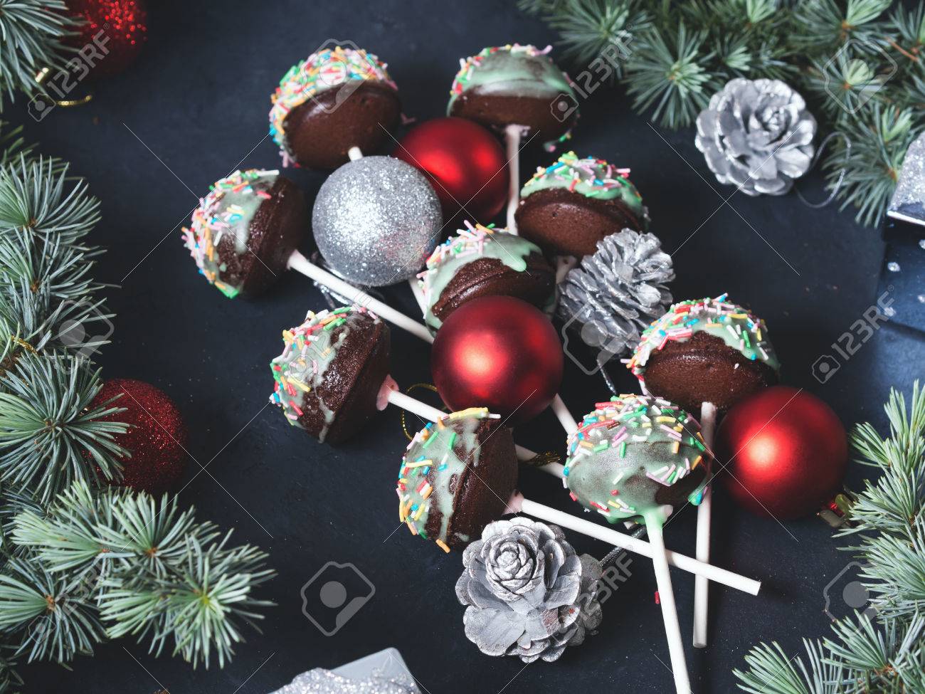 Christmas Tree Branches With Baubles And Cake Pops Tree With Stock Photo Picture And Royalty Free Image Image 65075303
