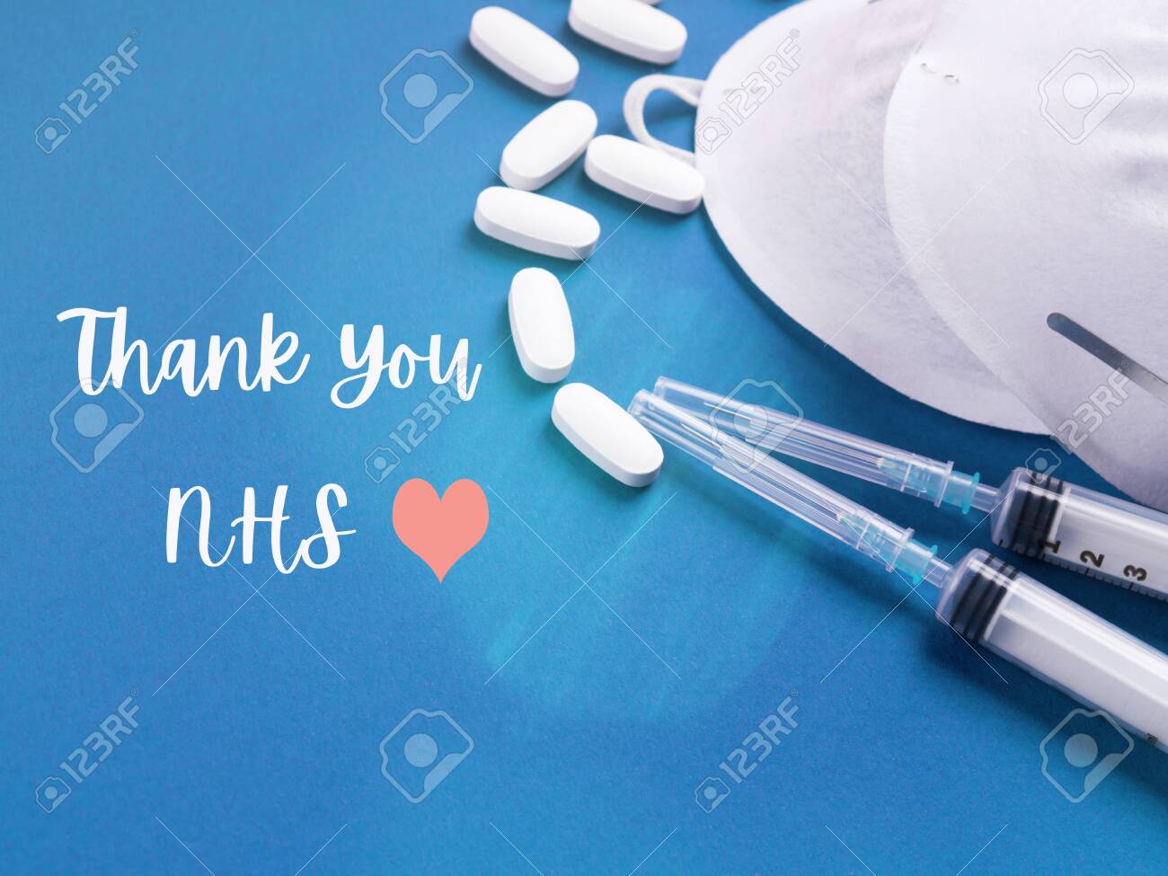 Thank You Card For NHS Staff, Doctors And Nurses Who Save Lives Every Day.  Syringes, Pills And Face Masks On Blue Stock Photo, Picture and Royalty  Free Image. Image 146439597., image size:1300x975